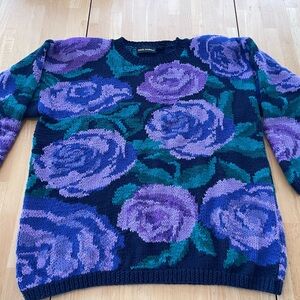Vintage 80’s Women’s Sweater Purple Roses Small Paul Harris